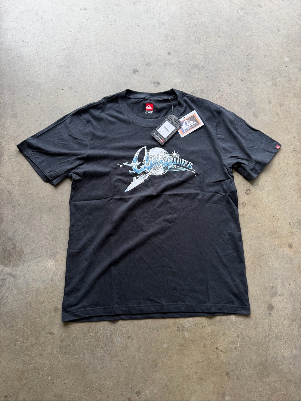 Quiksilver Black Short Sleeve Tee with Blue Surf Graphic
